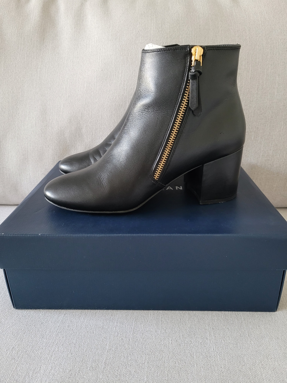 Cole Haan Black Leather Ankle Boots with Gold Side Zipper